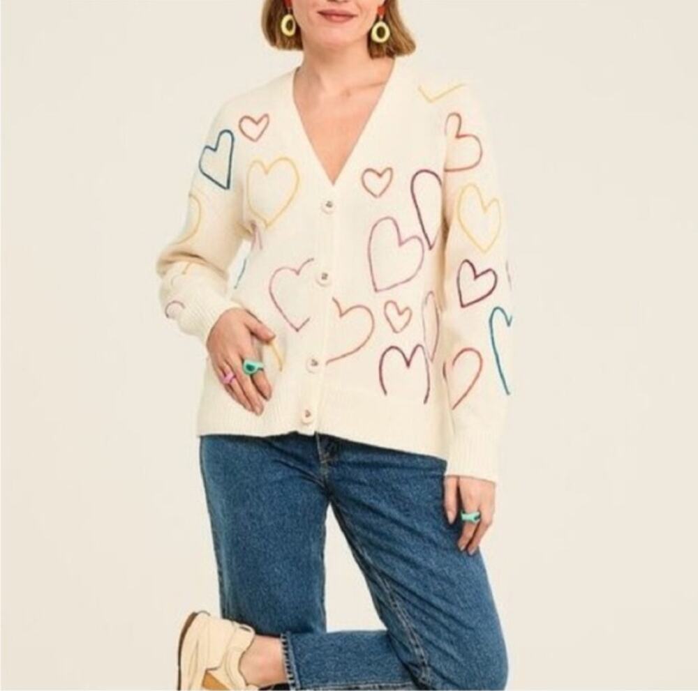 XOKR Kerri Rosenthal Heart Button Front V-Neck Cardigan Sweater Womens Sz M EUC